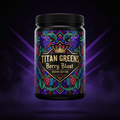 TITAN Greens Superfood Powder Berry Blast container with wild berries, vines and crown tattoo-style Crown Edition artwork in deep purple, blue and gold
