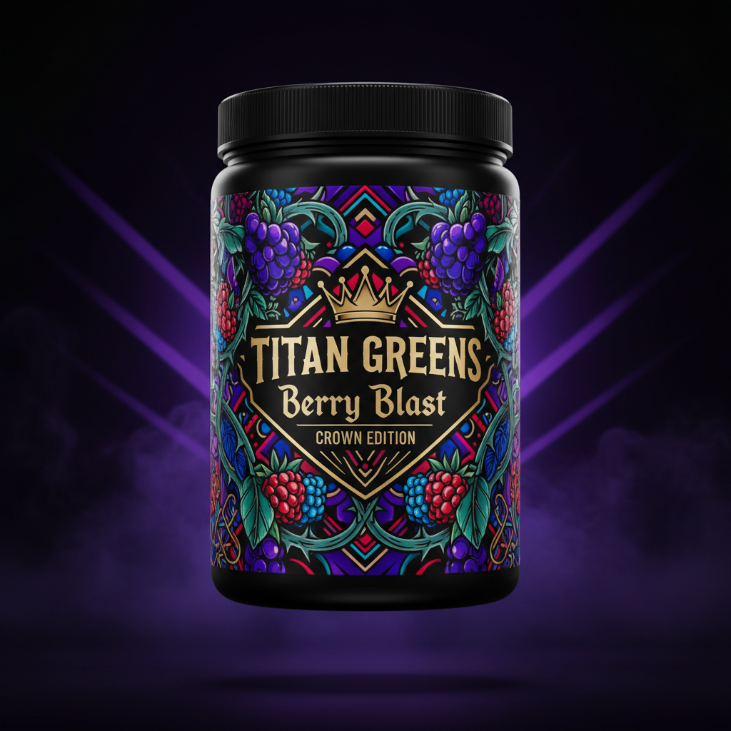 TITAN Greens Superfood Powder Berry Blast container with wild berries, vines and crown tattoo-style Crown Edition artwork in deep purple, blue and gold