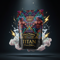 TITAN Whey Protein Cookies and Cream supplement bag with bold tattoo-style Crown Edition artwork