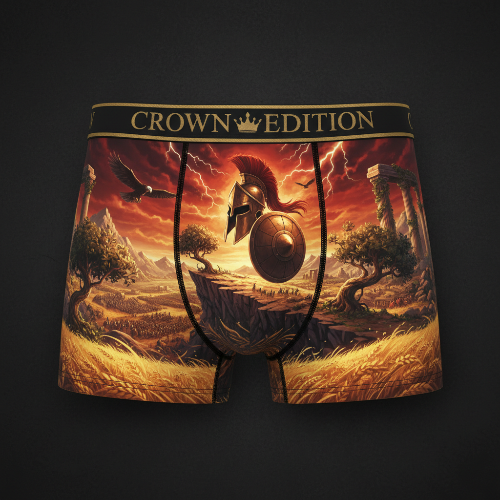 TITAN Spartan Legend Men's Boxer Briefs Crown Edition — anime Spartan warrior art on matte black
