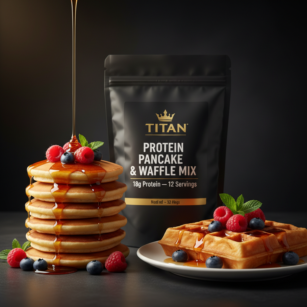 TITAN Protein Pancake & Waffle Mix — Matte black bag with gold crown, fluffy pancakes and waffle with maple syrup