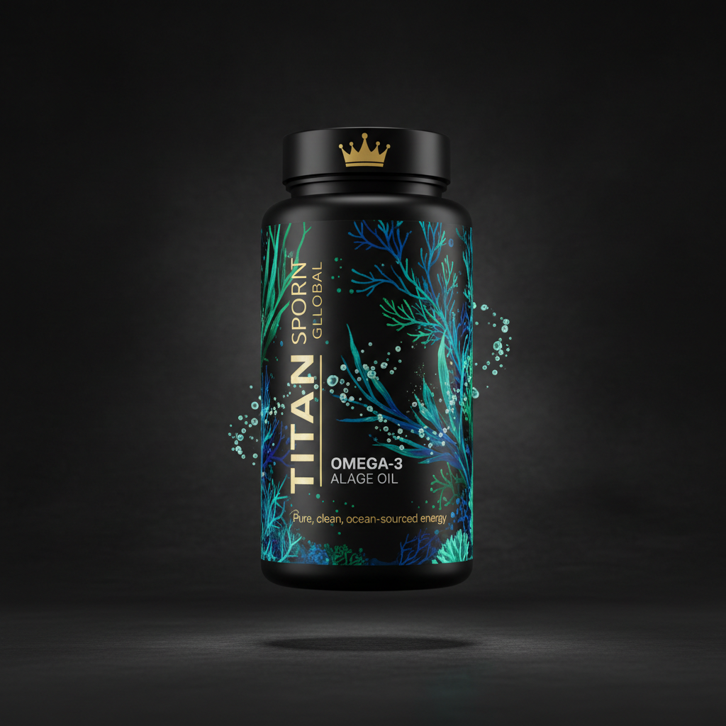 TITAN Omega-3 Vegan Algae Oil supplement bottle with Crown Edition matte black and gold packaging featuring bioluminescent deep ocean algae artwork in electric blue and aqua teal