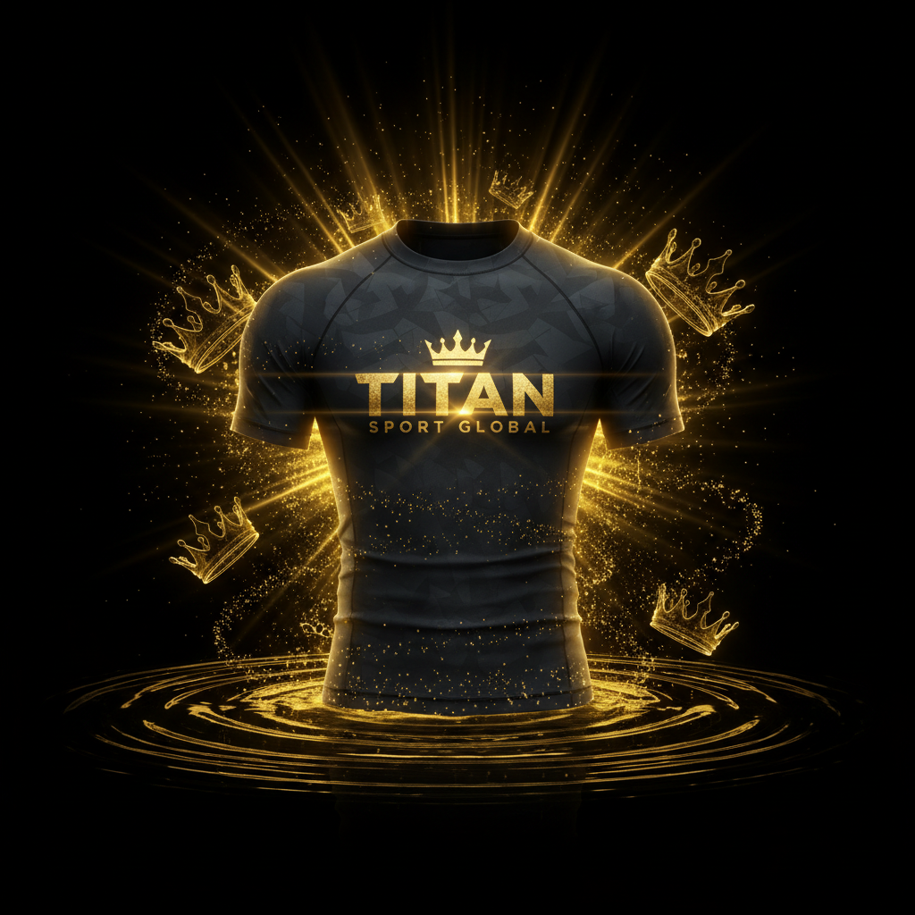 TITAN SPORT GLOBAL rash guard with gold crown branding on dark background