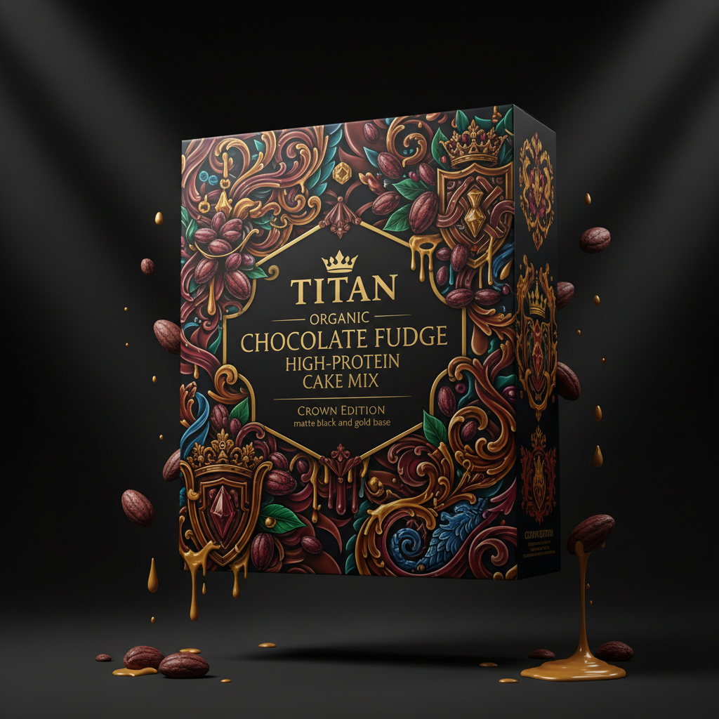 TITAN Organic High-Protein Cake Mix Chocolate Fudge — Crown Edition tattoo-style artwork