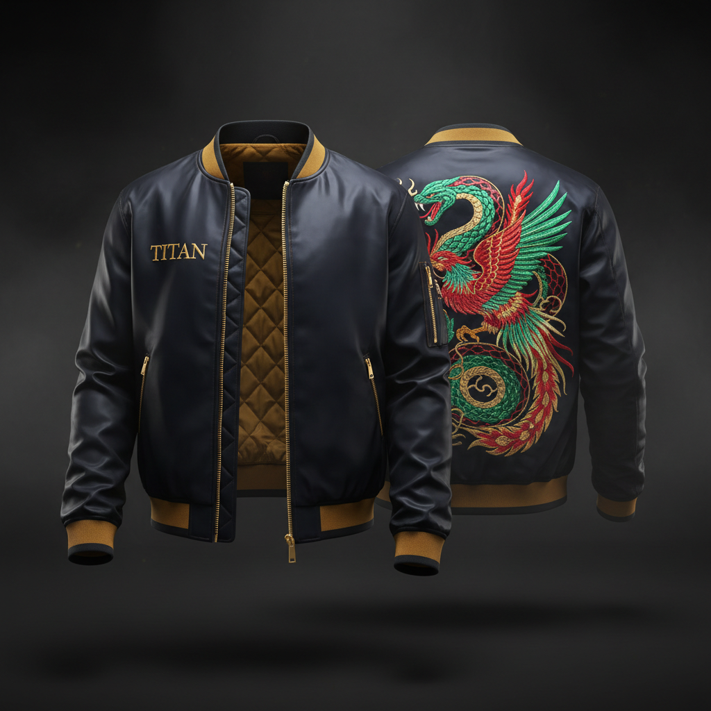 TITAN Embroidered Bomber Jacket - Midnight Navy Serpent & Phoenix Edition