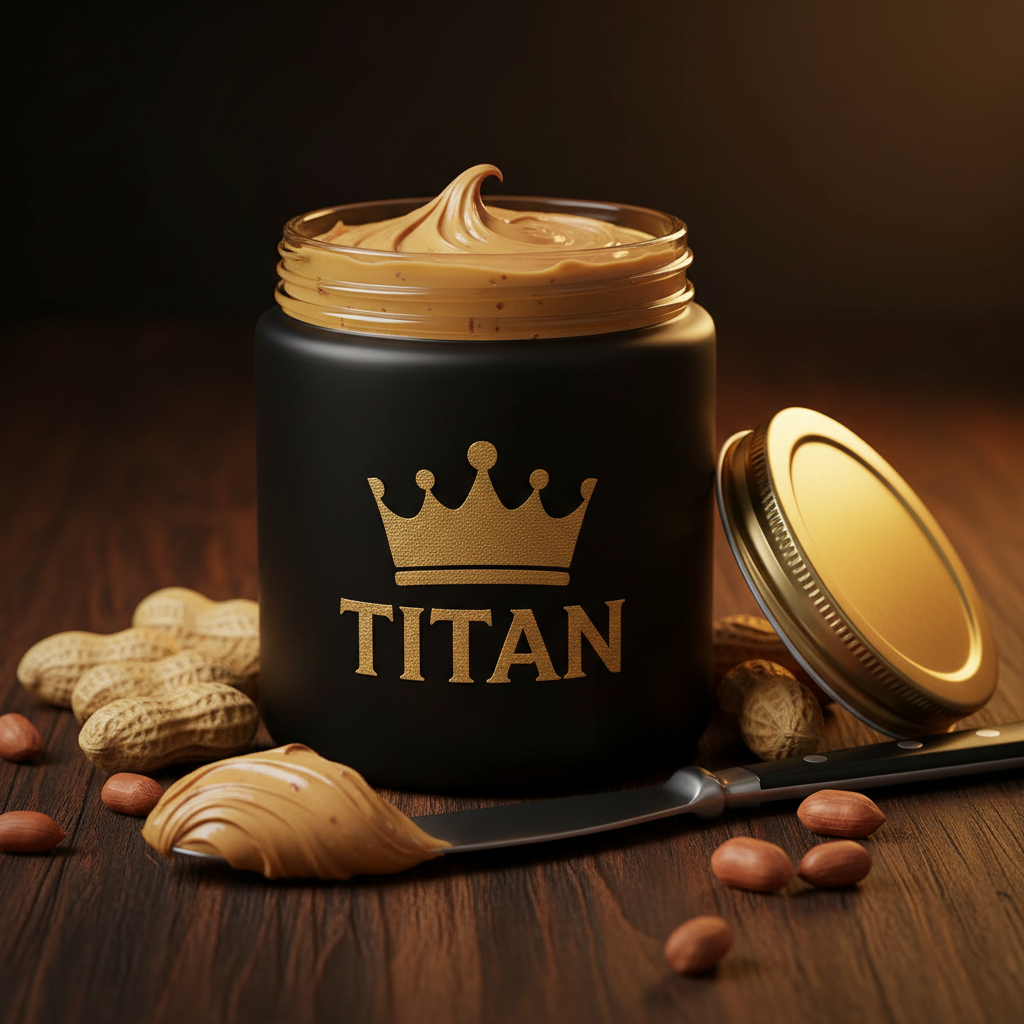 TITAN Peanut Butter Protein Spread High Protein Crown Edition — premium wide-mouth black glass jar product shot