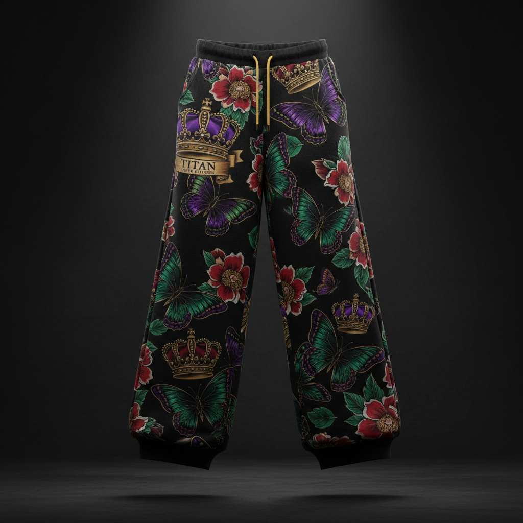 TITAN Women's Wide-Leg Sweatpants with floral, butterfly and crown tattoo-style Crown Edition artwork in purple, emerald and gold on matte black