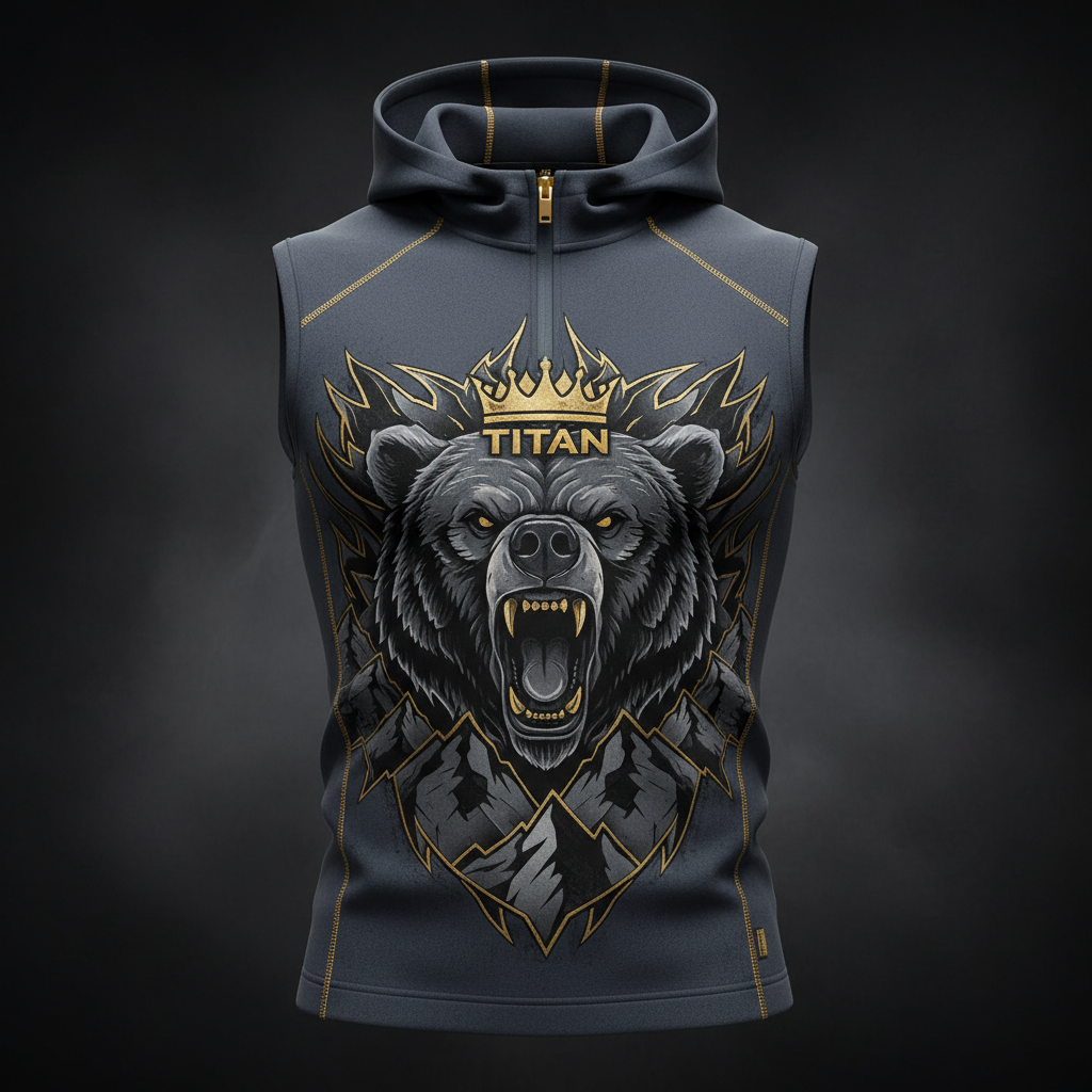 TITAN Men's Compression Slimming Hoodie Vest Slate Grey Bear Crown Edition flat lay