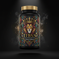 TITAN Multivitamin for Men supplement bottle with shield, crown and lion tattoo-style Crown Edition artwork in crimson, blue and gold