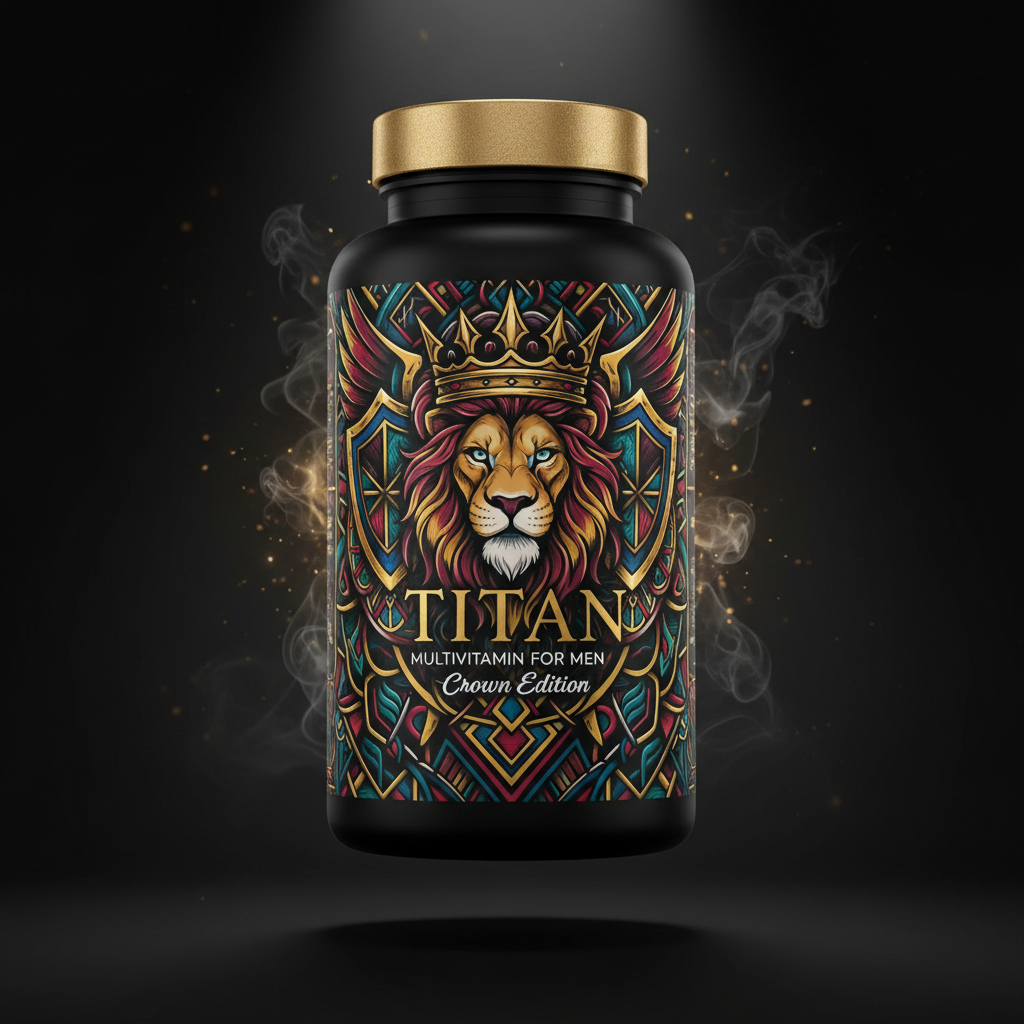 TITAN Multivitamin for Men supplement bottle with shield, crown and lion tattoo-style Crown Edition artwork in crimson, blue and gold