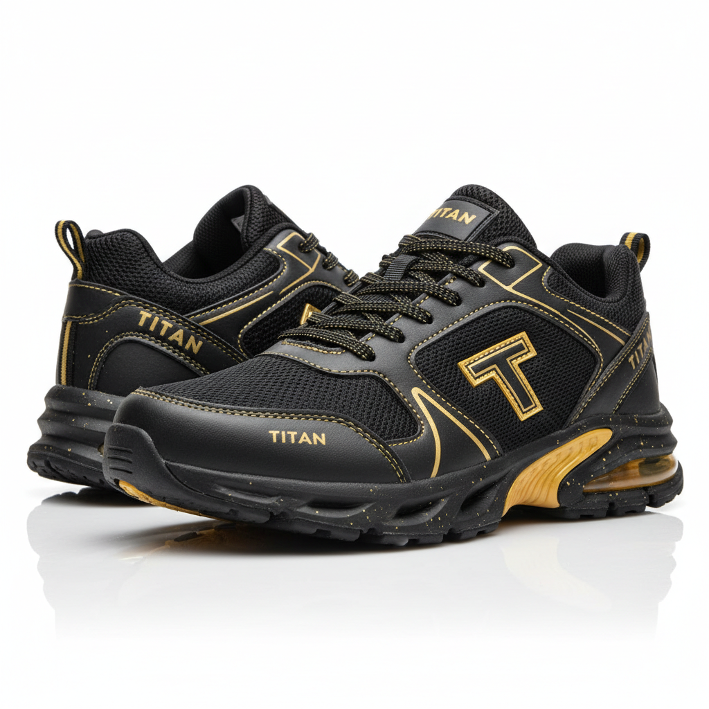 TITAN Cross Training Shoes Men's front view, black and gold colorway