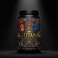 TITAN Casein Protein 4lb Crown Edition tub with bold tattoo-style artwork on dark studio background