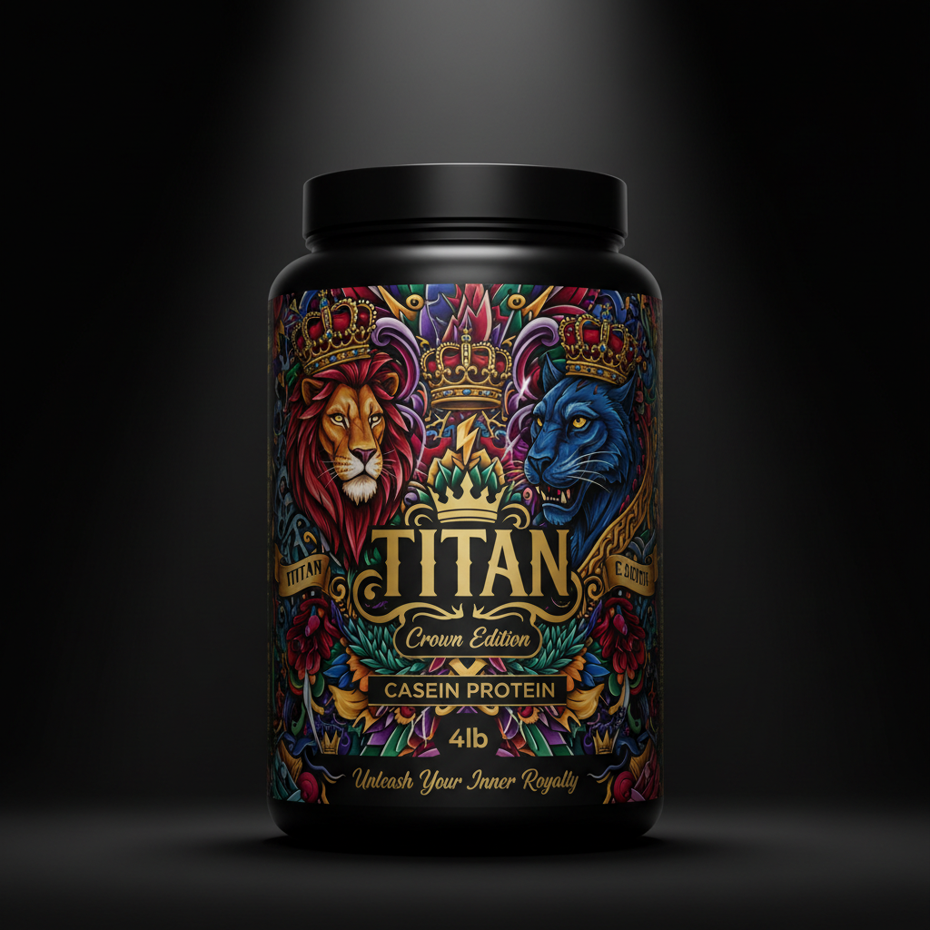 TITAN Casein Protein 4lb Crown Edition tub with bold tattoo-style artwork on dark studio background
