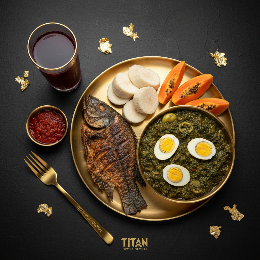 TITAN Ghanaian Grilled Tilapia Kontomire Breakfast meal kit flat lay dark luxury