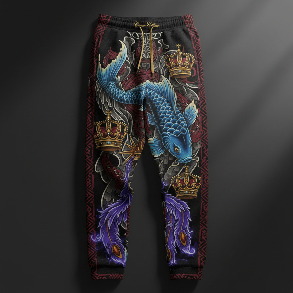 TITAN Crown Edition Tattoo Art Men's Lounge Joggers - bold koi phoenix tattoo artwork on matte black fabric