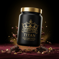 TITAN Cacao Protein Powder – Raw Dark Chocolate, matte black tub with gold crown tattoo artwork