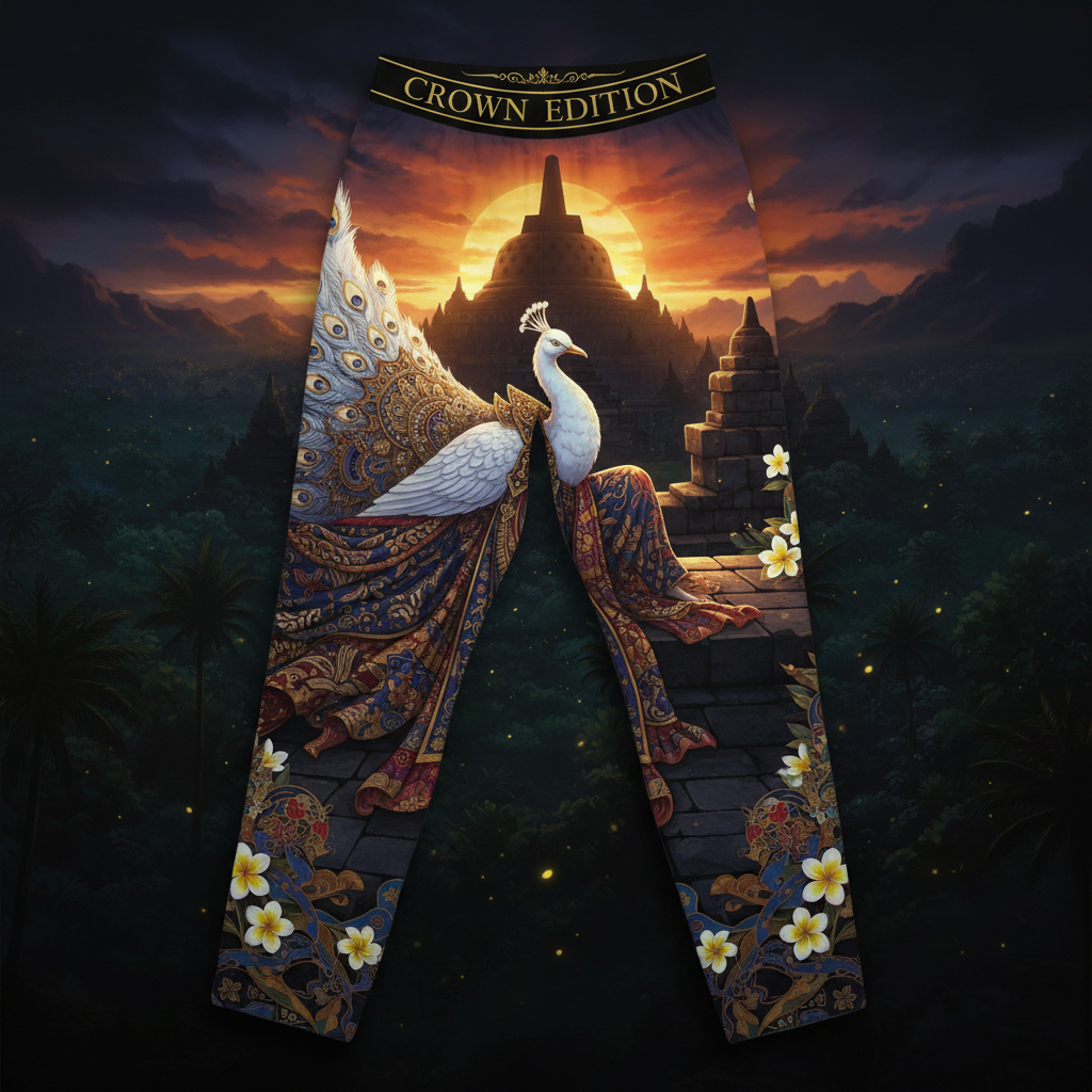 TITAN Borobudur Peacock Women's Lounge Pants Crown Edition — peacock in Javanese court dancer robes anime art on matte black