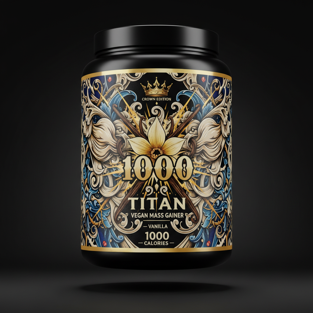 TITAN Vegan Mass Gainer — Vanilla 1000 Cal, Crown Edition tattoo-style artwork