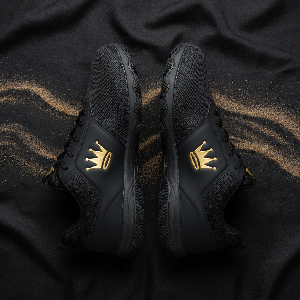 TITAN Volleyball Sand Shoes Crown Edition matte black mesh gold crown logo sand-grip outsole minimalist beach pair flat lay