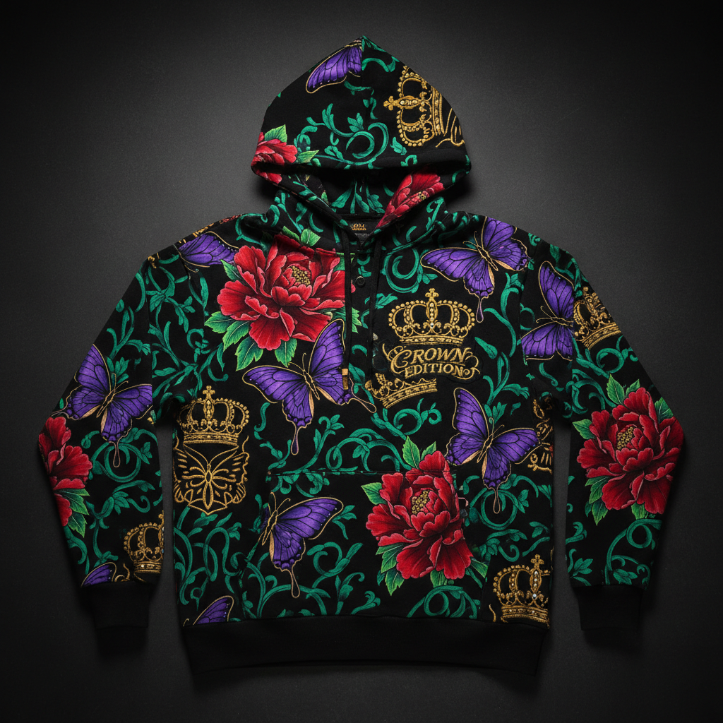 TITAN Crown Edition Tattoo Art Women's Lounge Crown Patch Hoodie - bold colorful tattoo artwork on matte black heavyweight fleece