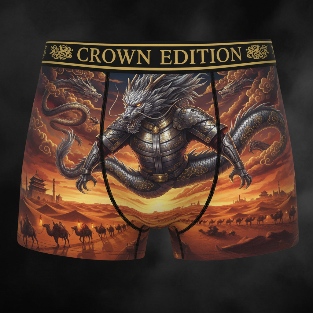TITAN Tang Dynasty Dragon Warrior Men's Boxer Briefs Crown Edition — dragon in Tang Dynasty armor anime art on matte black