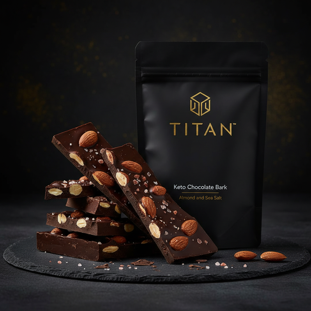 TITAN Keto Chocolate Bark Almond & Sea Salt — dramatic shattered bark shot with roasted almonds and Himalayan sea salt crystals on dark slate