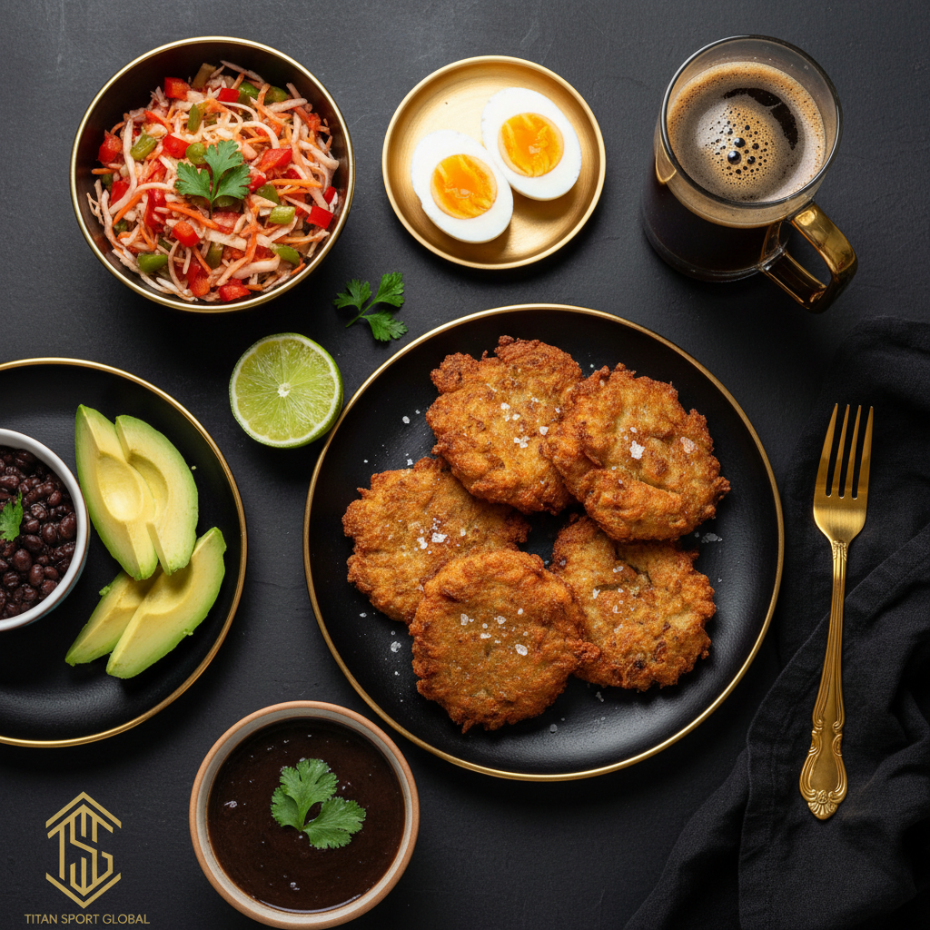 TITAN Haitian Akra Black Bean Power Breakfast flat lay dark luxury