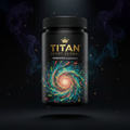 TITAN Probiotics supplement bottle with Crown Edition matte black and gold packaging featuring vibrant microbiome galaxy artwork in teal, coral, and lime green