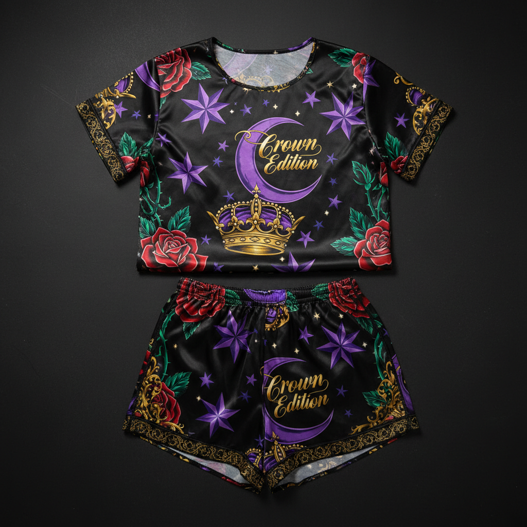 TITAN Crown Edition Tattoo Art Women's Summer Lounge Pajama Set - bold celestial rose tattoo artwork on matte black satin