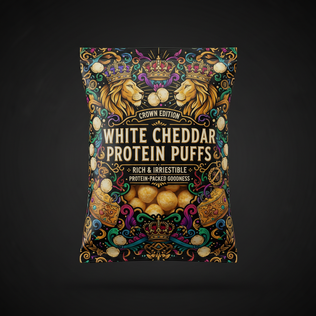 TITAN Protein Puffs White Cheddar — Crown Edition bold tattoo-style artwork