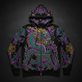 TITAN Printed Zip-Up Hoodie — Dragon tattoo-style artwork in electric purple and emerald green with gold crown accents