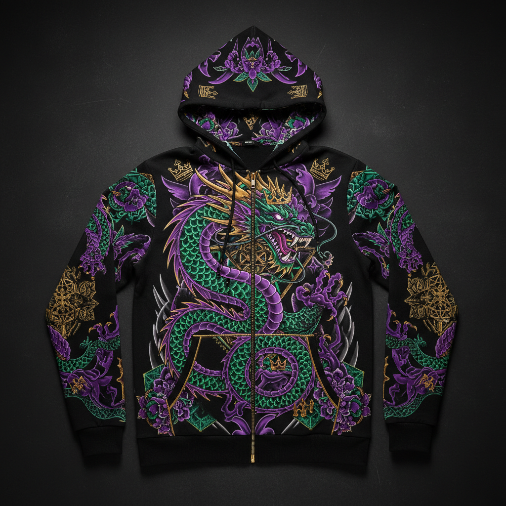 TITAN Printed Zip-Up Hoodie — Dragon tattoo-style artwork in electric purple and emerald green with gold crown accents