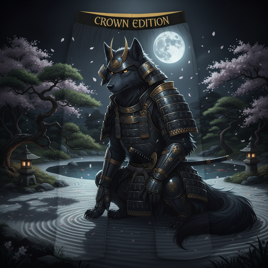 TITAN Shogun Wolf Zen Men's Lounge Pants Crown Edition — wolf in Shogun armor in zen garden anime art on matte black