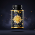 TITAN Vitamin D3+K2 supplement bottle with Crown Edition matte black and gold packaging featuring blazing geometric sun ray artwork in solar gold and royal blue