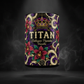 TITAN Collagen Peptides Vanilla container with collagen fiber strands, vanilla orchid and crown tattoo-style Crown Edition artwork in gold, purple and crimson