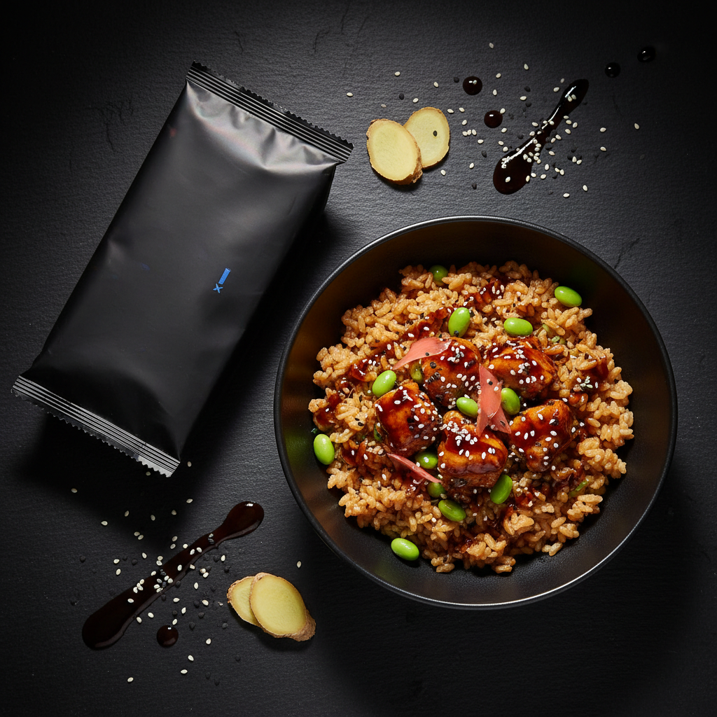 TITAN Organic High-Protein Brown Rice Bowl — Teriyaki, premium product photography