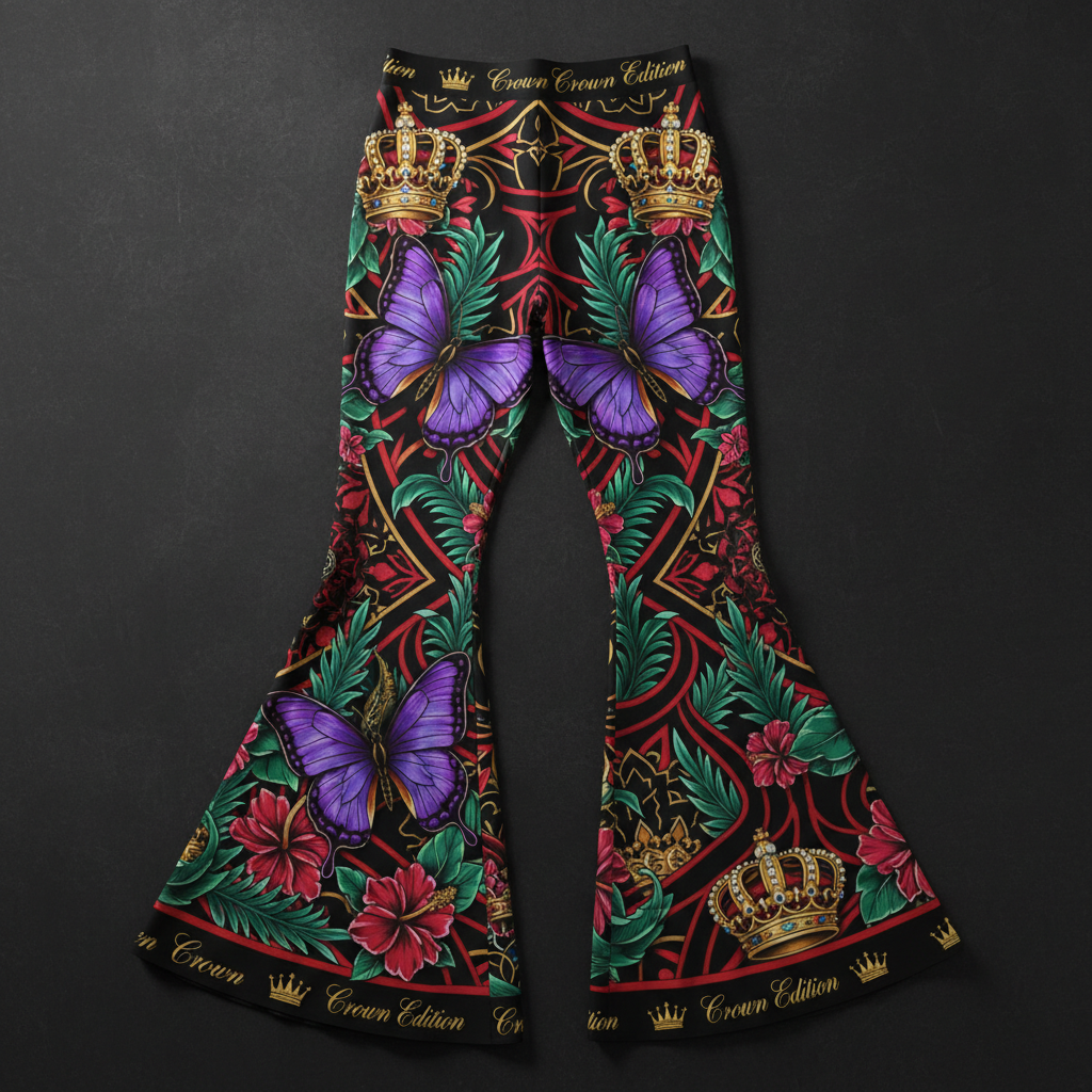 TITAN Crown Edition Tattoo Art Women's Lounge Flare Pants - bold colorful tattoo artwork on matte black fabric