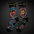 TITAN Crown Edition Tattoo Art Athletic Crew Socks — bold colorful tattoo artwork on matte black fabric