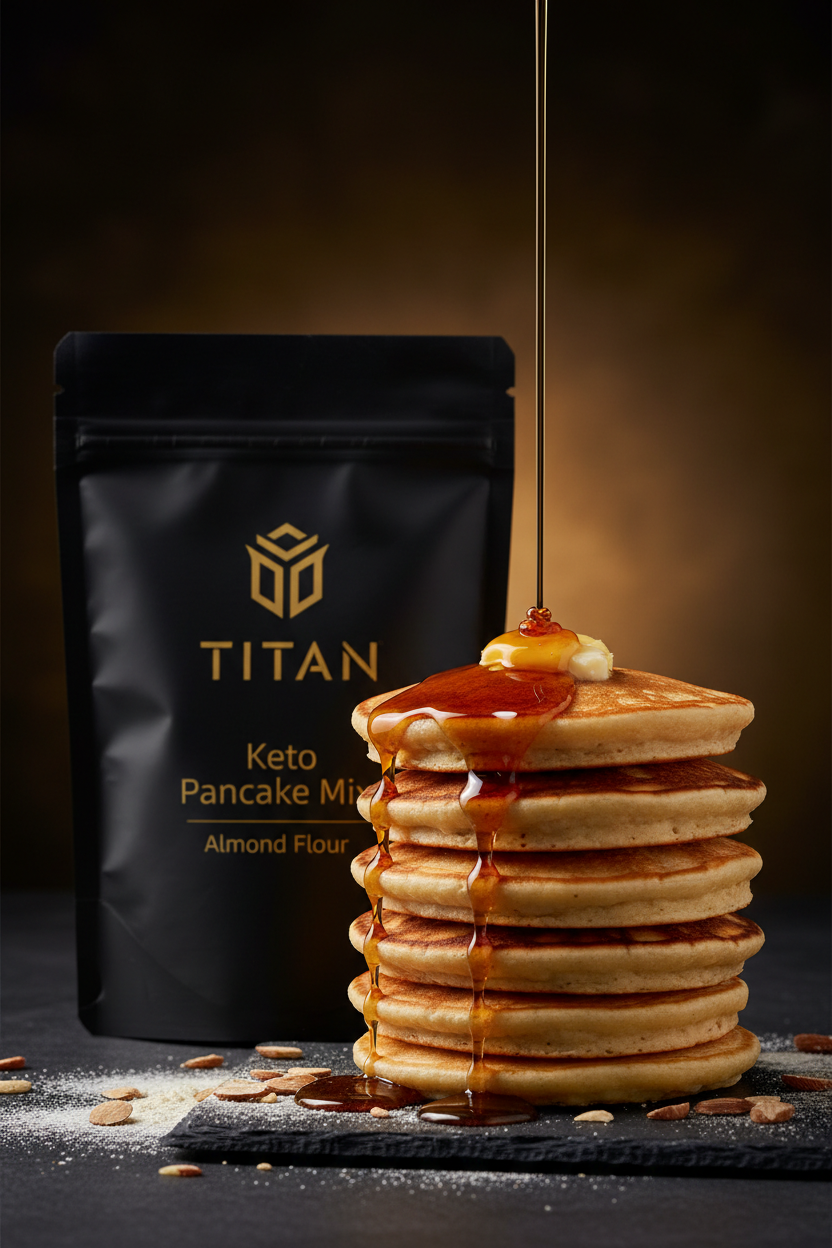 TITAN Keto Pancake Mix Almond Flour — dramatic syrup pour shot with tall golden pancake stack, maple syrup cascade and melting butter