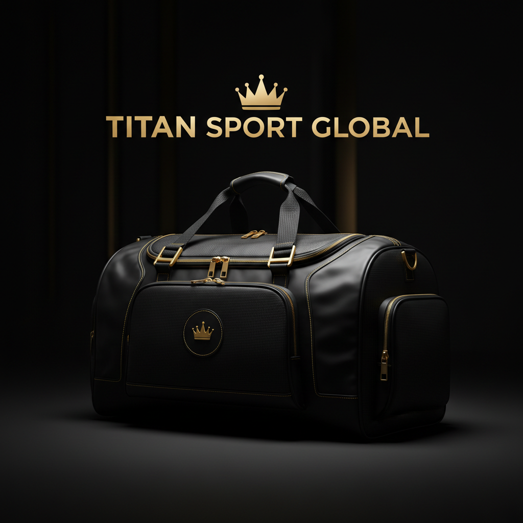 TITAN SPORT GLOBAL branded soccer kit bag on dark background with gold accents