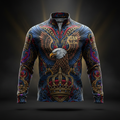 TITAN Men's Quarter-Zip Pullover with eagle, crown and tribal tattoo-style Crown Edition artwork in royal blue, crimson and gold on matte black performance fabric