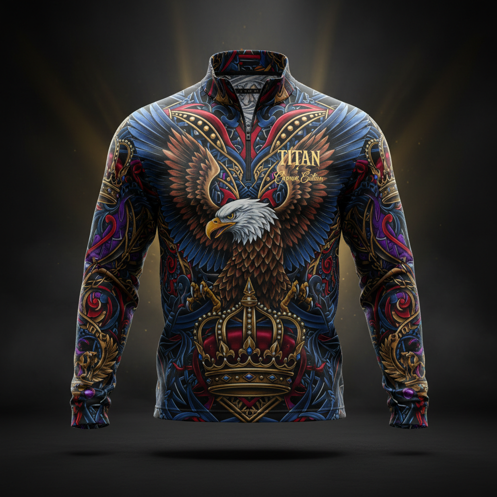 TITAN Men's Quarter-Zip Pullover with eagle, crown and tribal tattoo-style Crown Edition artwork in royal blue, crimson and gold on matte black performance fabric