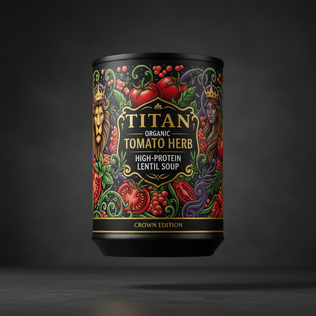 TITAN Organic High-Protein Lentil Soup Tomato Herb — Crown Edition tattoo-style artwork