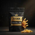 TITAN Protein Pasta Penne — Matte black bag with gold crown logo and chickpea penne pasta