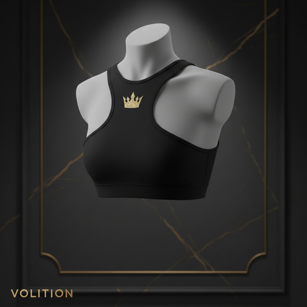 TITAN Volleyball Sports Bra Crown Edition matte black gold crown logo racerback high-impact compression ghost mannequin