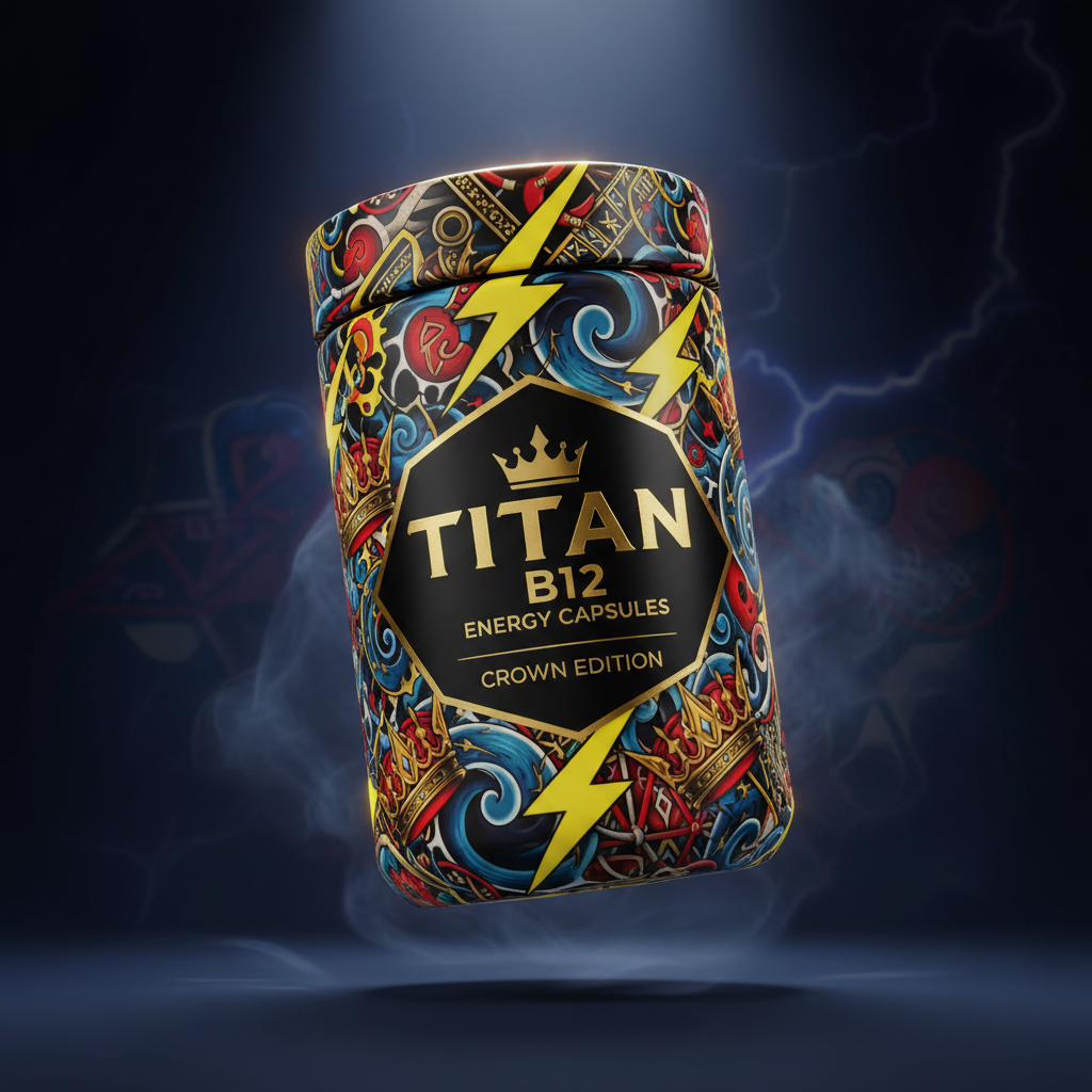TITAN B12 Energy Capsules container with lightning bolts, energy waves and crown tattoo-style Crown Edition artwork in electric yellow, royal blue and gold