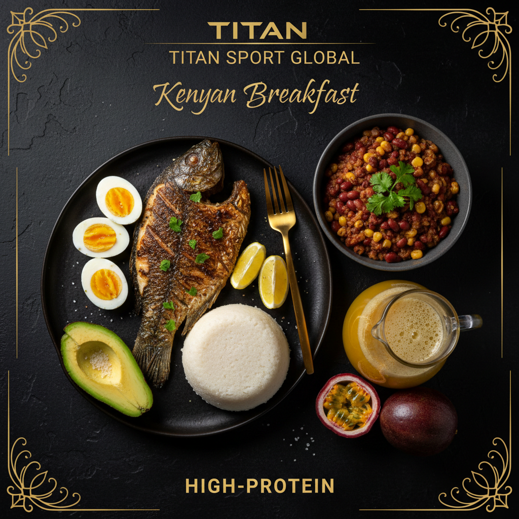 TITAN Kenyan Tilapia Githeri Power Breakfast meal kit flat lay dark luxury