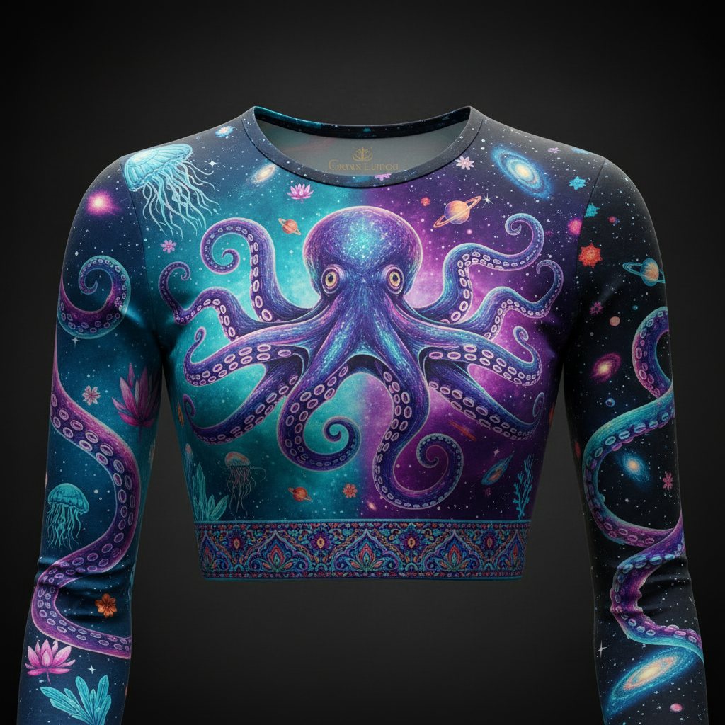 TITAN Women’s Midnight Octopus Cosmos Long Sleeve Crop — Kraken Edition