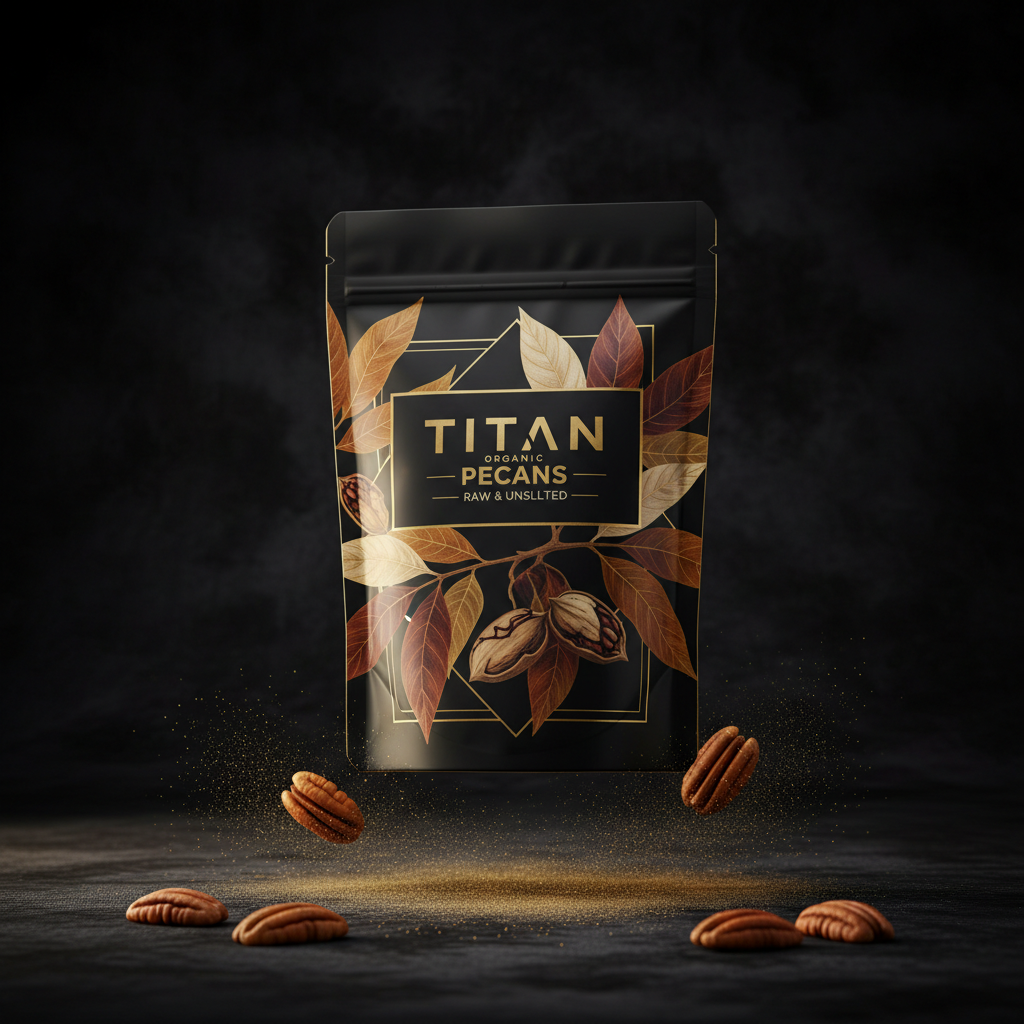 TITAN Organic Pecans Raw & Unsalted — ultra-premium luxury editorial product shot