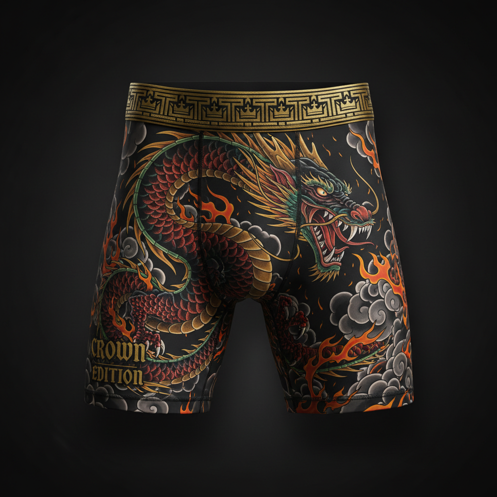 TITAN Crown Edition Men's Compression Shorts — Dragon Fire tattoo artwork on matte black fabric